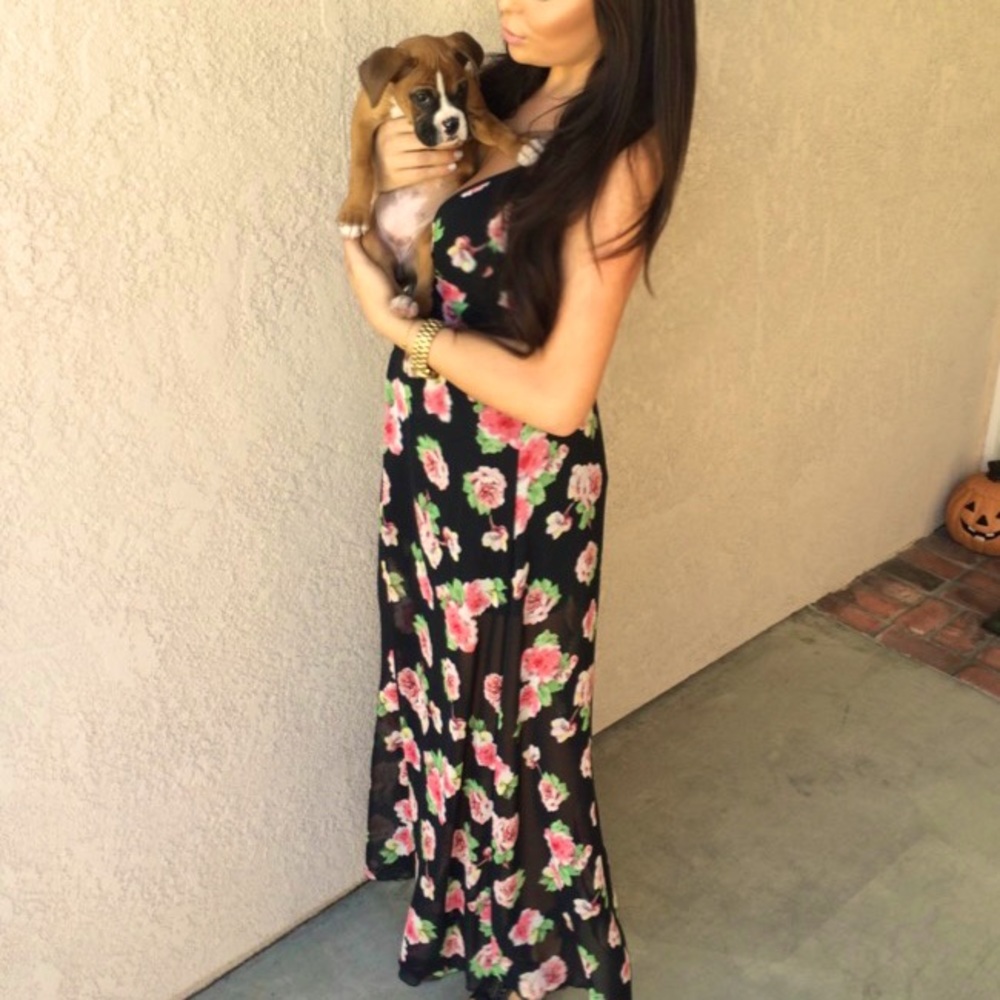 Floral Maxi/High-low open front slit halter *Boxer Puppy Not Included 🐶